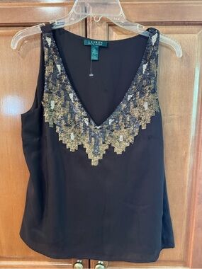 Ralph Lauren Brown Sleeveless V-Neck Camisole with Gold Sequin Trim